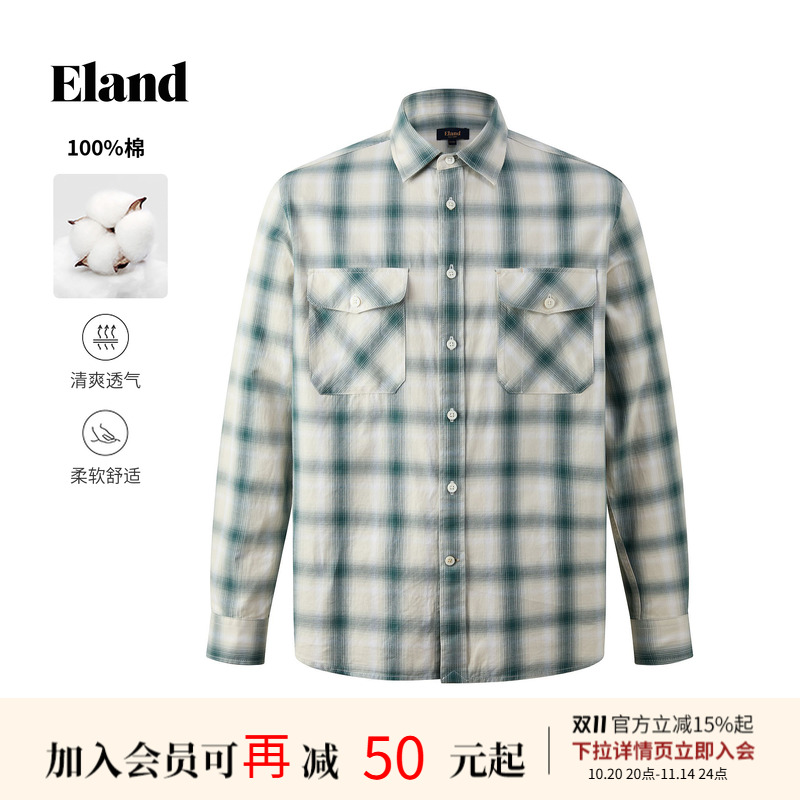 ELAND衬衫男宽松长袖纯棉