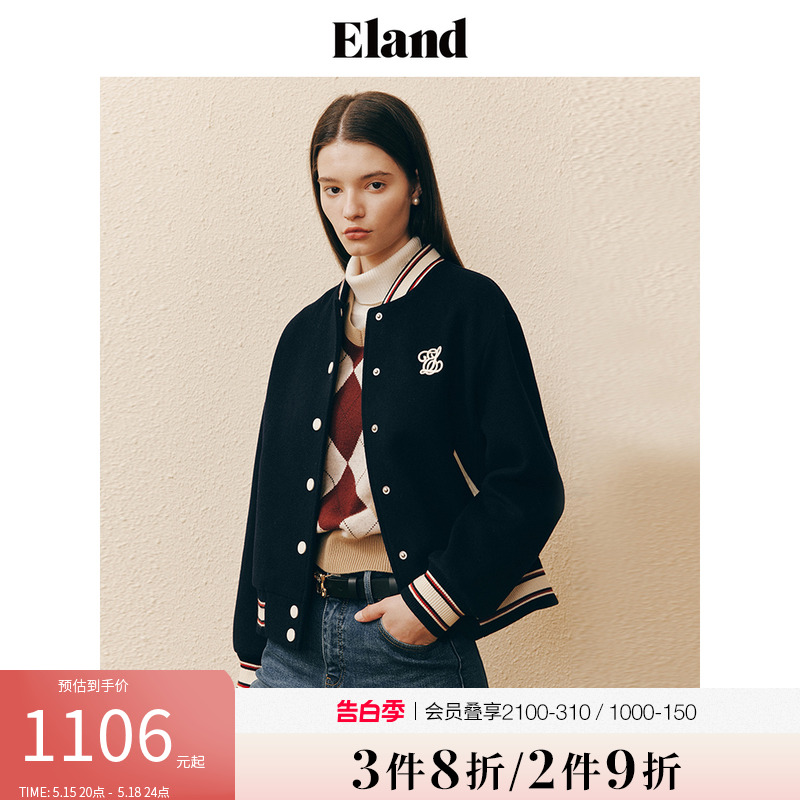 Eland衣恋棒球服外呢外套老钱风羊毛宽松短款外套女冬