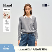 上衣2026春新 Eland衣恋毛衣女撞色翻领假两件针织衫 含绵羊毛
