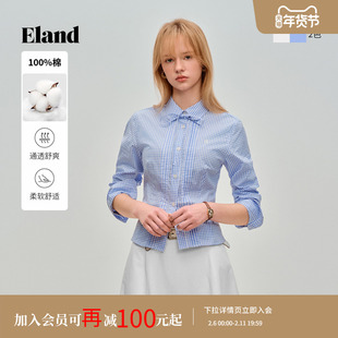 Eland衣恋衬衫女时尚通勤翻领系带格纹长袖棉质上衣2026春季新款