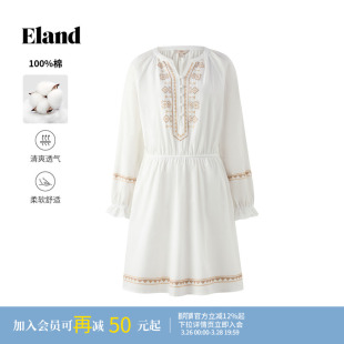 度假裙子秋冬新款 Eland衣恋连衣裙女气质刺绣长袖 100%棉