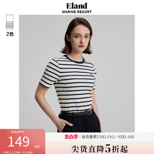 上衣夏季 t恤女圆领刺绣条纹半袖 Eland衣恋休闲短袖