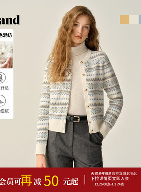 Eland衣恋毛针织衫女复古短款圆领撞色费尔岛开衫2025冬季新款