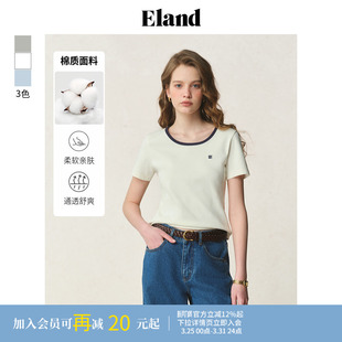 上衣夏季 通勤修身 Eland衣恋T恤女撞色U领设计短袖 款 62%棉