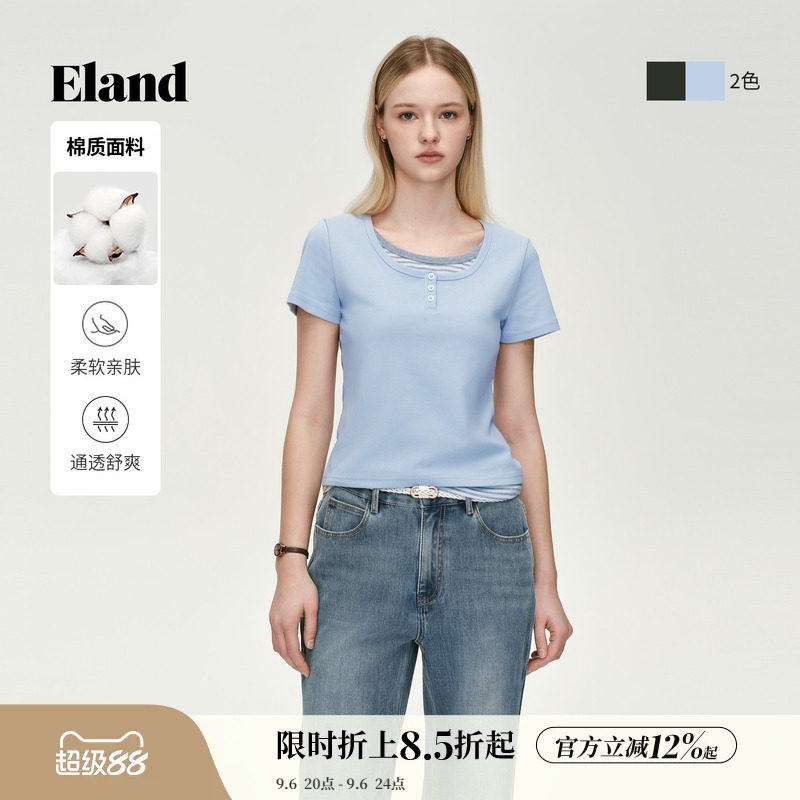 ELAND短袖休闲宽U领假两件图片
