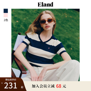 女温柔甜美短袖 EIand衣恋V领撞色条纹针织衫 T恤夏