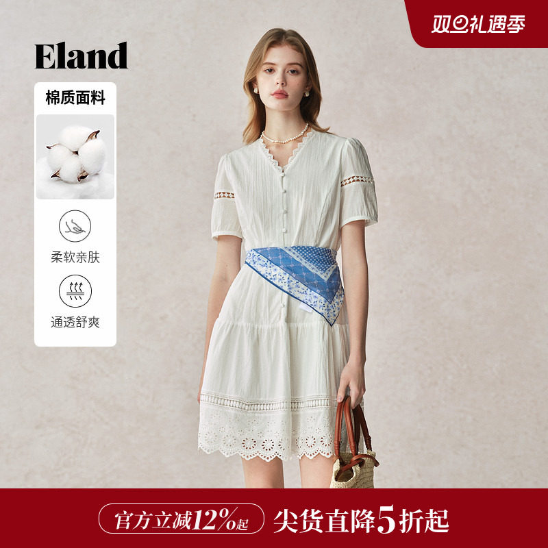 【奶泡裙】Eland衣恋V领连衣裙女收腰蕾丝拼接短袖通勤裙25夏新款