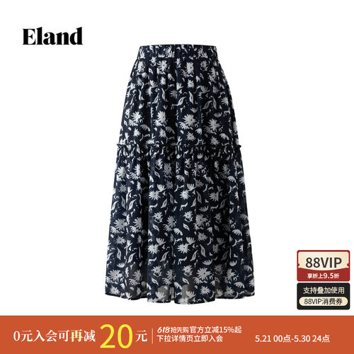 ELAND通勤碎花裙松紧腰