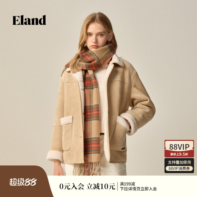 Eland衣恋仿羊羔绒外套摇粒绒外套女大口袋短外套冬季新款