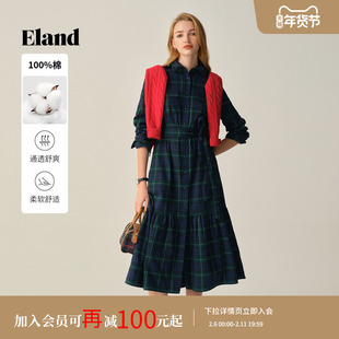 【100%棉】Eland衣恋连衣裙女英伦风收腰格纹长裙2025冬季新款