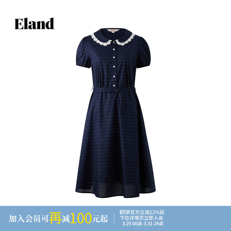 【100%棉】Eland衣恋早春漂亮连衣裙女短袖收腰波点裙2026夏新款