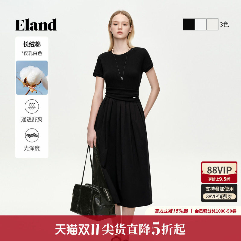 ELAND圆领短袖叠褶连衣裙