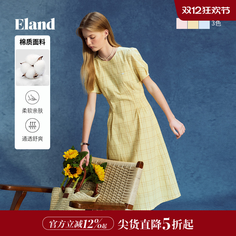 ELAND连衣裙纯色泡泡袖圆领