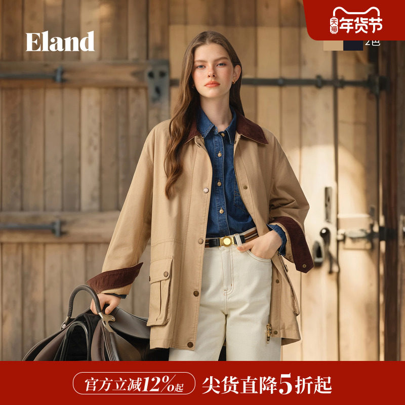 Eland衣恋短外套女长袖撞色翻领单排扣工装风外套2025冬季新款,女装/女士精品,短外套,淘宝优惠券,粉丝福利购,淘宝优惠卷