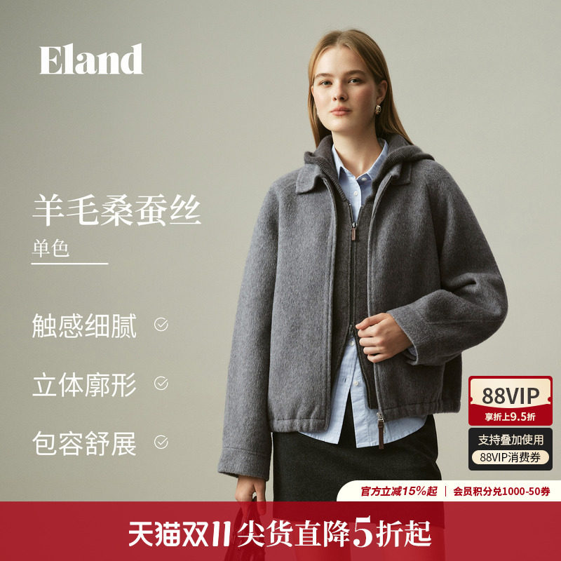 ELAND复古翻领宽松短款毛呢外套