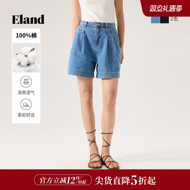 【100%棉】Eland衣恋牛仔裤女小高腰前片双压褶短裤2025夏季新款