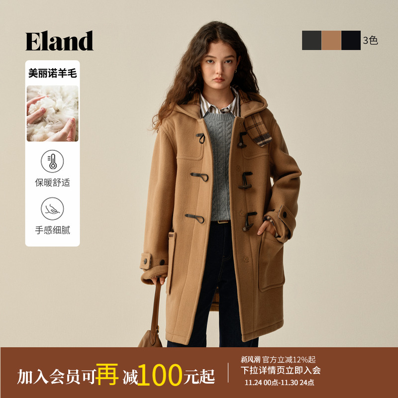 ELAND毛呢外套单排扣连帽含羊毛
