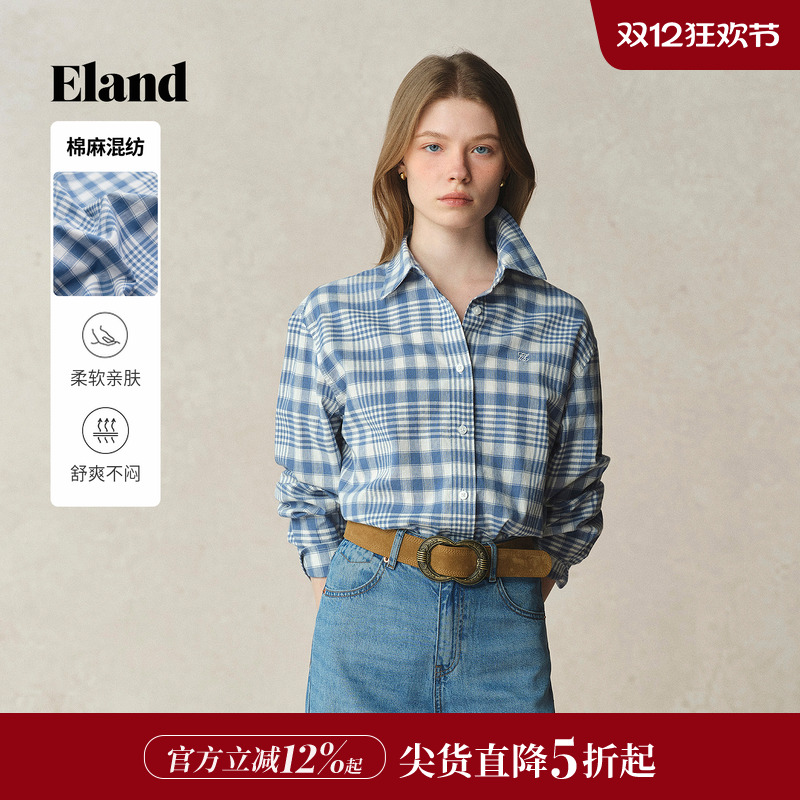 ELAND男女款格纹长袖衬衫
