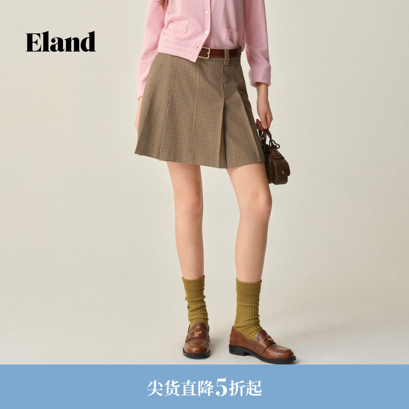 Eland衣恋半身裙女老钱风格纹显瘦短裙2025冬季新款