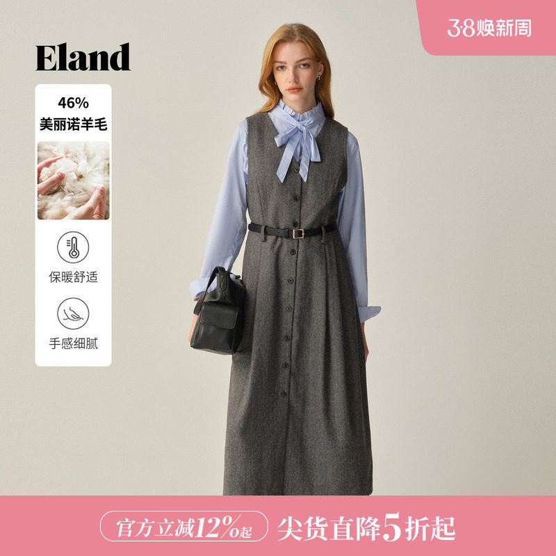 【绵羊毛】Eland衣恋连衣裙女气质V领无袖收腰长裙2025冬季
