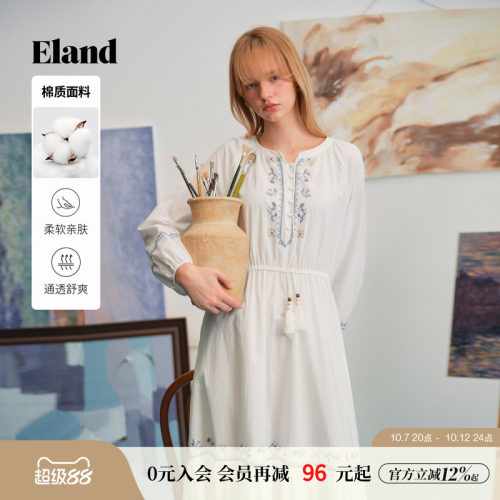 ELAND刺绣长袖度假风连衣裙