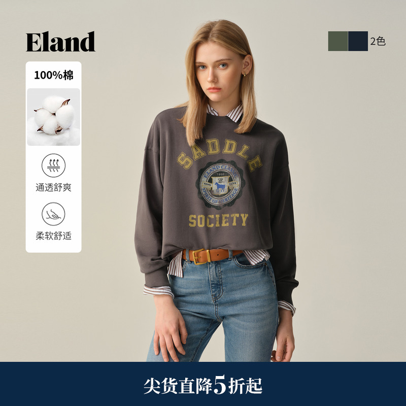 ELAND卫衣女宽松圆领纯棉上衣