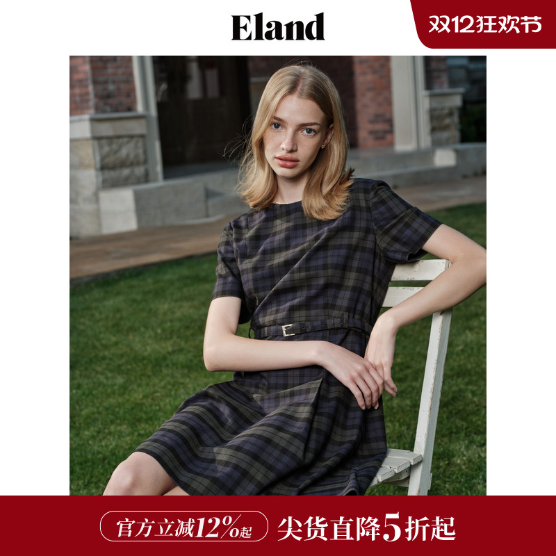 ELAND格纹褶裥圆领裙子连衣裙