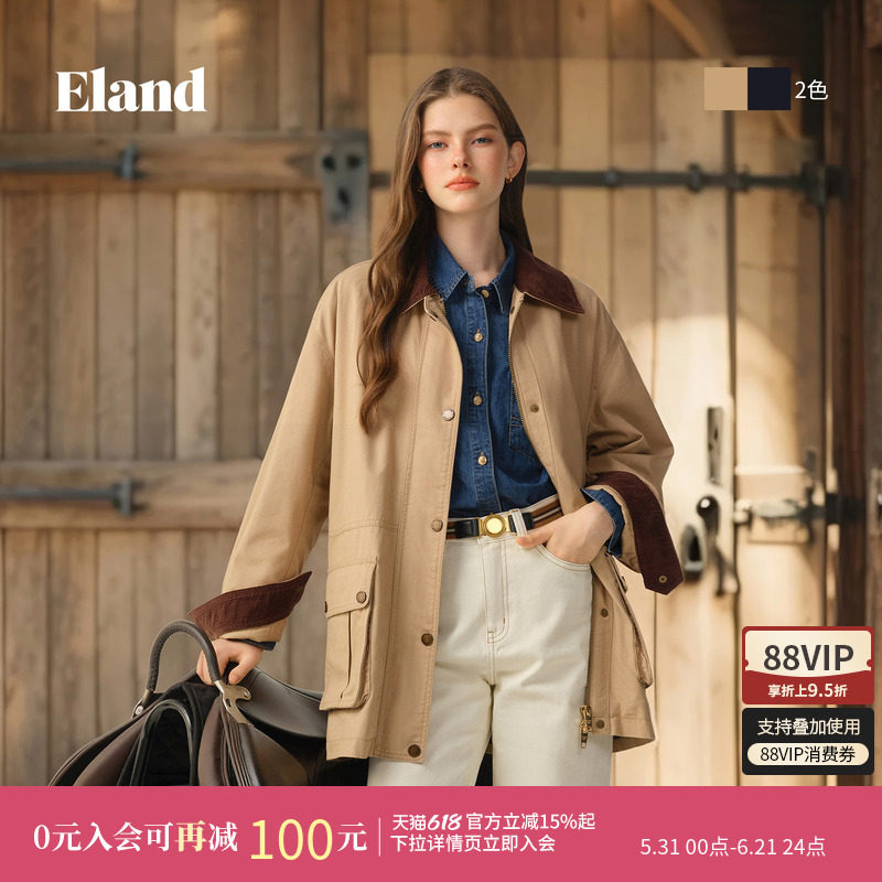 Eland衣恋短外套女长袖撞色翻领单排扣工装风外套冬季新款