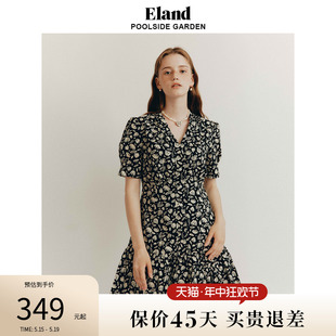 收腰裙子女夏季 小碎花V领泡泡袖 Eland衣恋连衣裙中长款