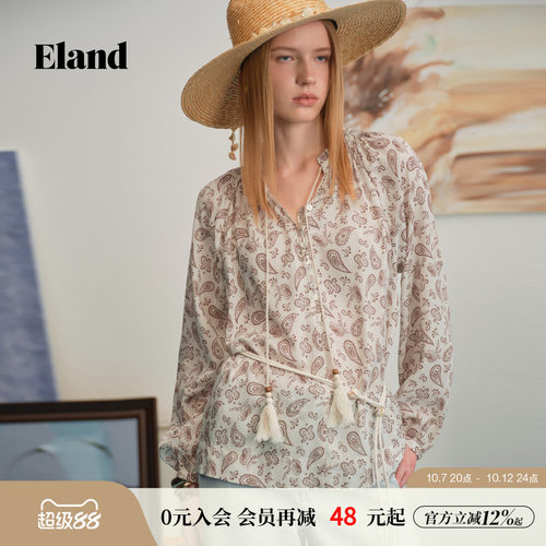 ELAND长袖木耳边领碎花衬衫女