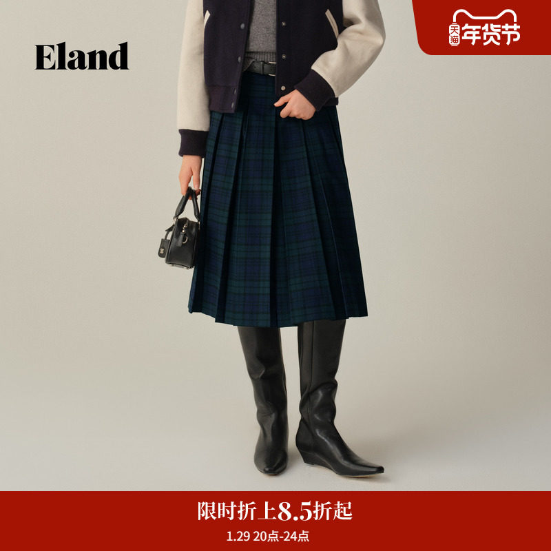 Eland衣恋半身裙女时尚格纹裙中长款百褶裙2025冬季新款