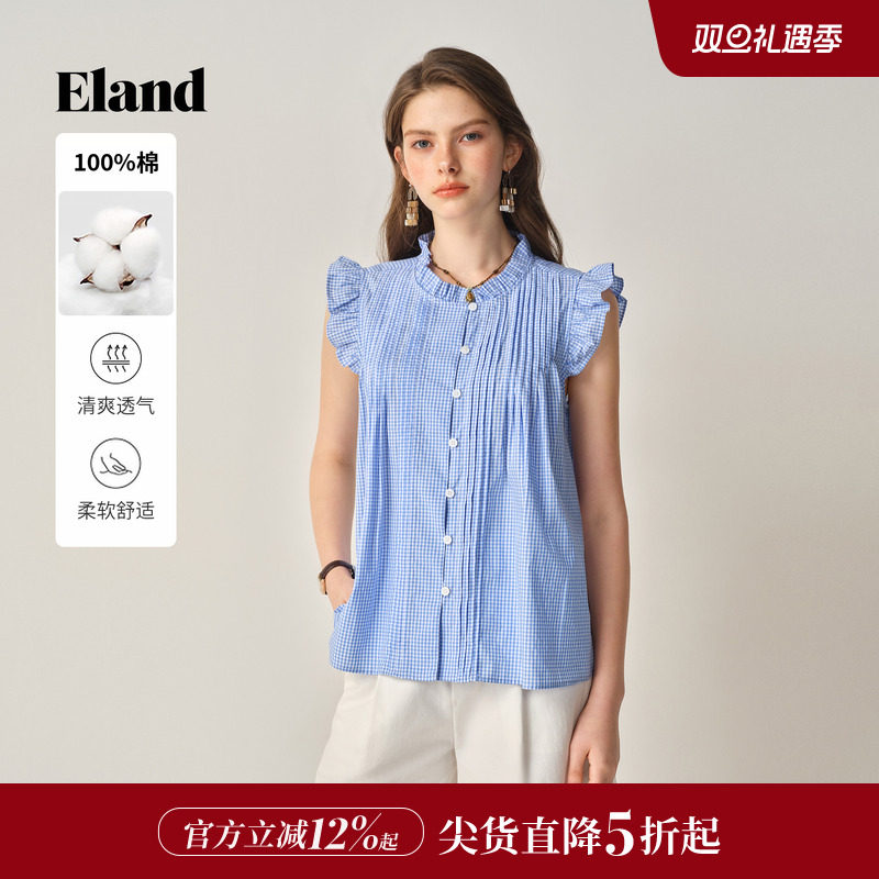【风铃衫】Eland衣恋衬衫女时尚格纹纯棉短袖上衣2025冬季新