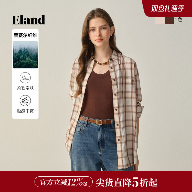 ELAND衬衫格纹长袖含莱赛尔