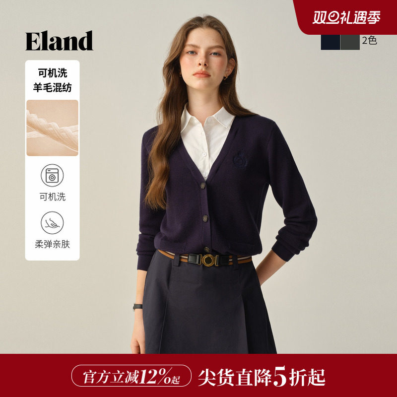 【可机洗羊毛】Eland衣恋毛针织衫女假两件翻领上衣2025冬季新款