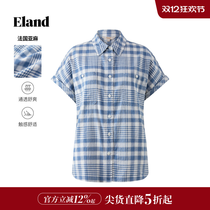 ELAND衬衫短袖格纹棉麻