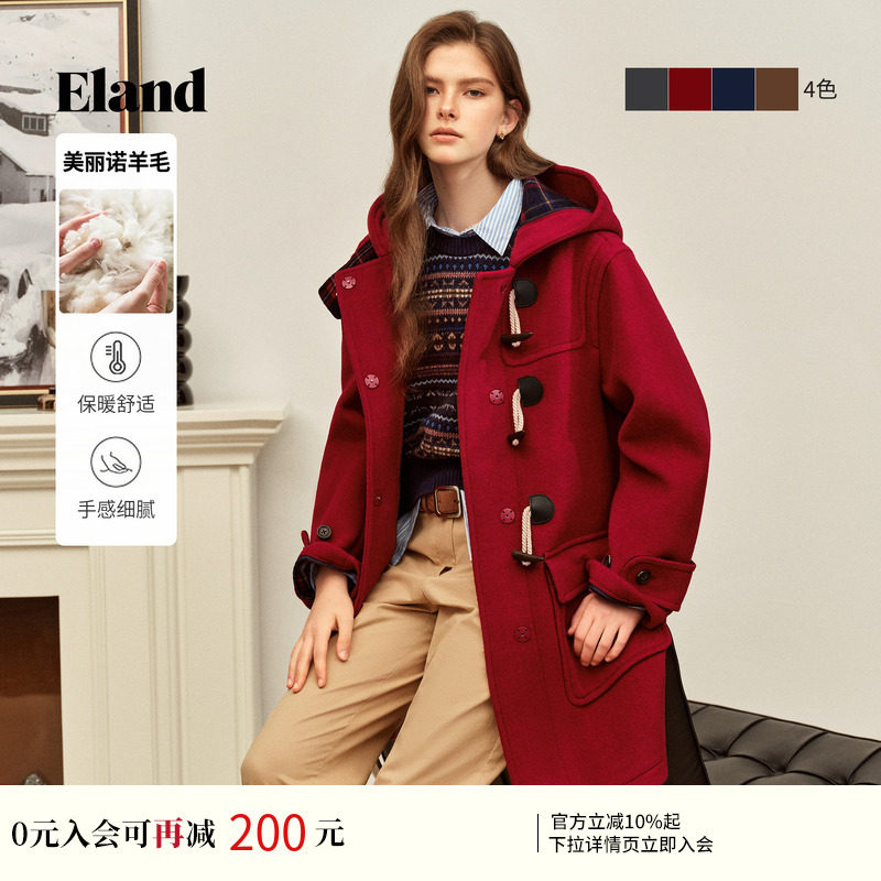 【经典长期主义】Eland衣恋毛呢外套女牛角扣羊毛大衣冬新款
