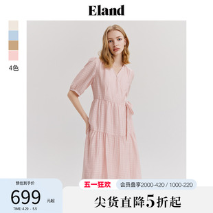 新款 连衣裙女交叉V领肌理感蛋糕裙子2024夏季 Eland衣恋不规则短袖