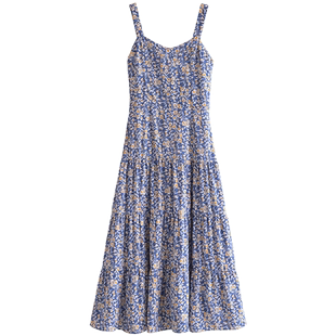 法式复古小碎花森系显瘦背带吊带连衣裙中长款气质别致修身吊带裙