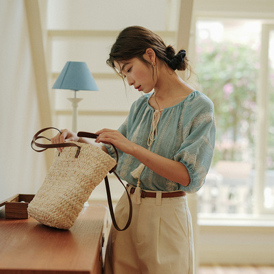 诺比昂宽松波西米亚系带短袖