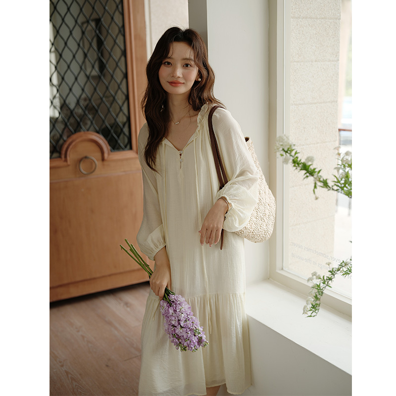 诺比昂法式复古度假风防晒宽松空气感长裙慵懒风系带长款连衣裙