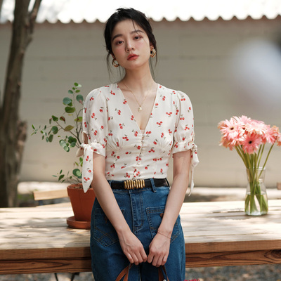 雪纺短袖法式设计感修身