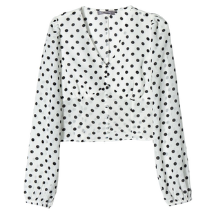 诺比昂 春夏法式复古白色波点衬衫长袖雪纺衫v领别致设计感上衣女