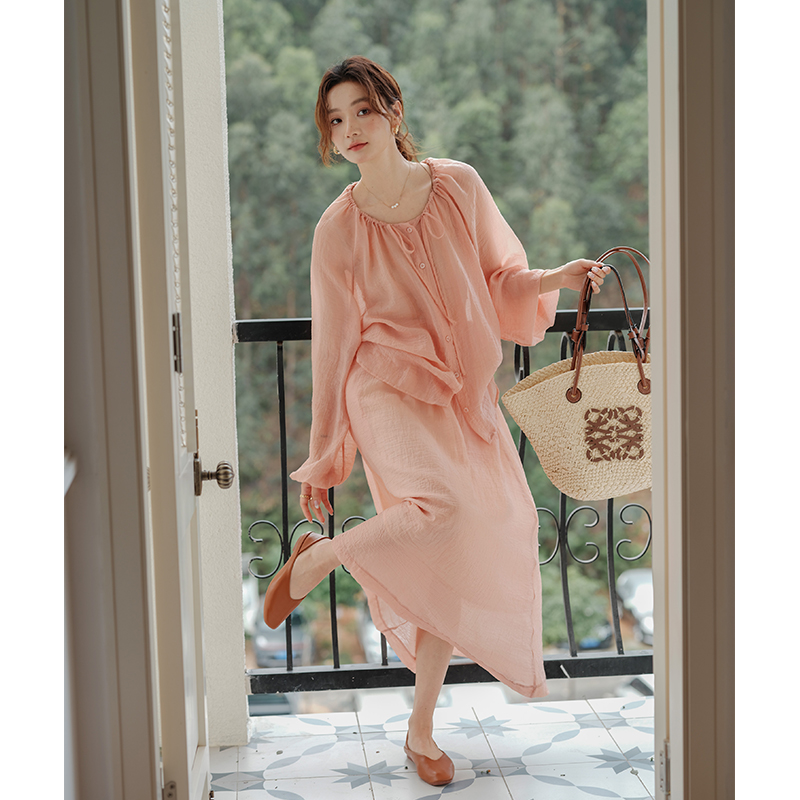 诺比昂宽松纽扣长袖雪纺衬衫