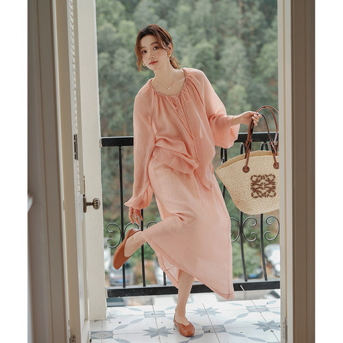 诺比昂宽松纽扣长袖雪纺衬衫