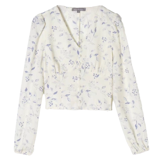 诺比昂 法式复古V领泡泡袖别致雪纺衫长袖衬衫气质修身碎花上衣