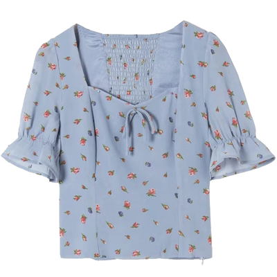 诺比昂修身法式套头短袖雪纺上衣