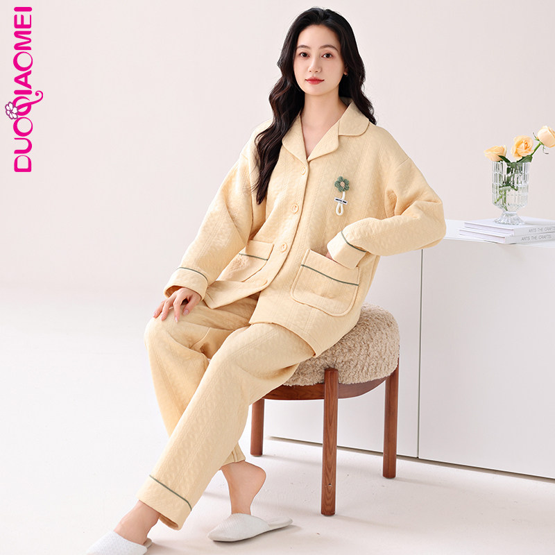 空气棉睡衣秋冬款夹层纯棉加厚保暖长袖套装家居服糖果色甜美女生