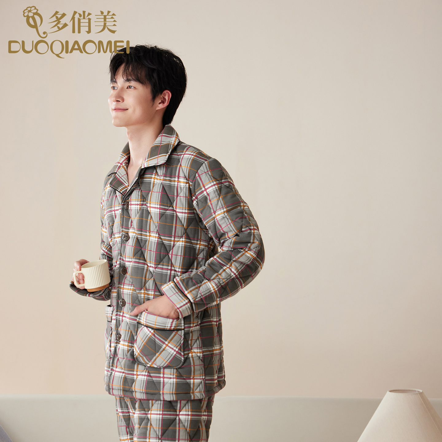 冬季纯棉夹棉睡衣男装三层加厚