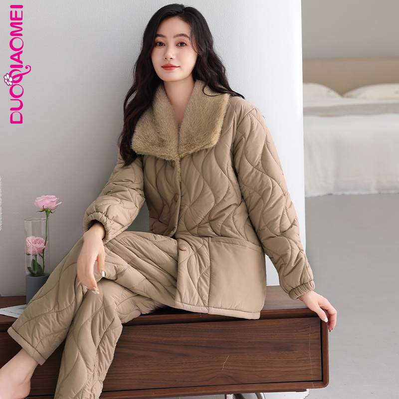 三层加绒加厚冬季夹棉睡衣女防风