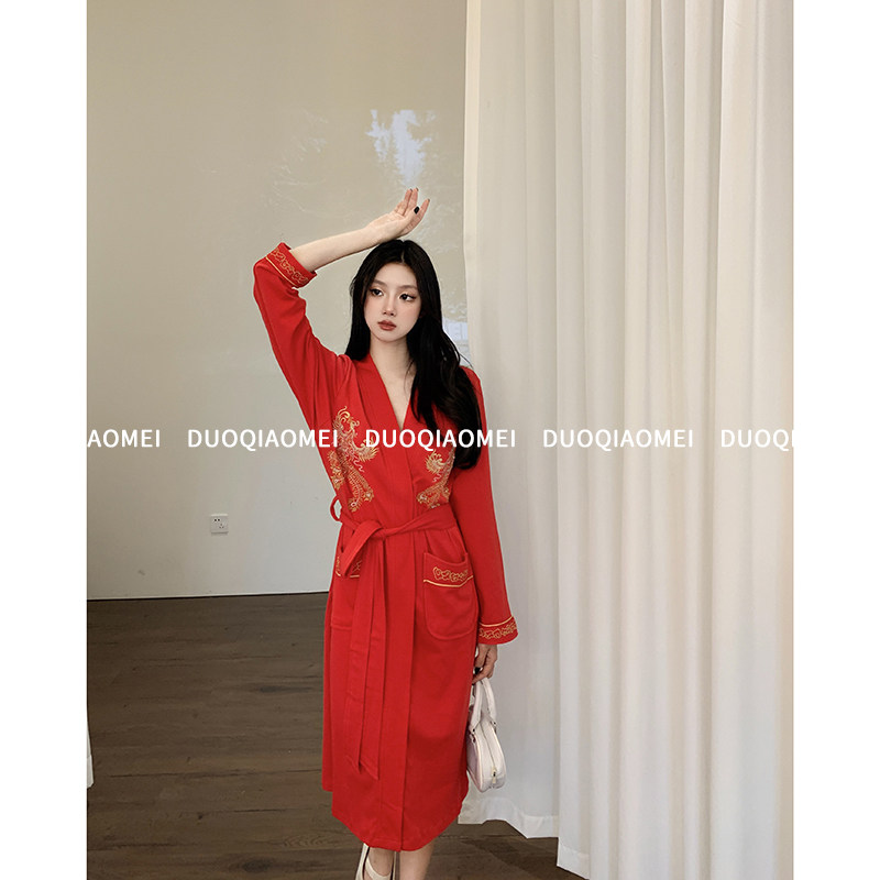 长袖睡袍女纯棉春秋款吊带睡裙内搭可外穿女性感两件套装新娘诱惑